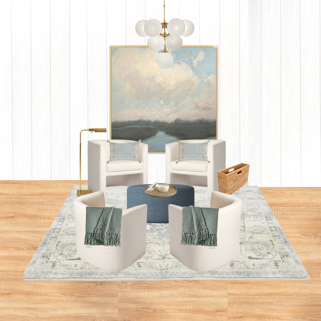 Modern living room with four white armchairs around a blue round coffee table on a patterned rug. A large painting and a geometric light fixture hang above, with a wicker basket beside the chairs.