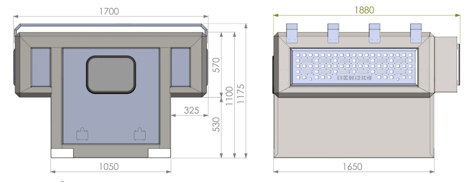 Technical drawing of the Decamp Debox with detailed dimensions in millimeters, shown in front and side views, with precise lines and measurements.
