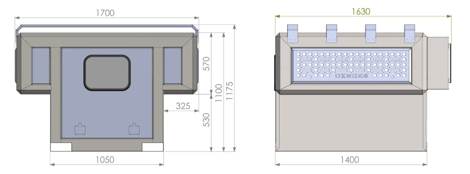 Technical drawing of the Decamp Debox with detailed dimensions in millimeters, shown in front and side views, with precise lines and measurements.