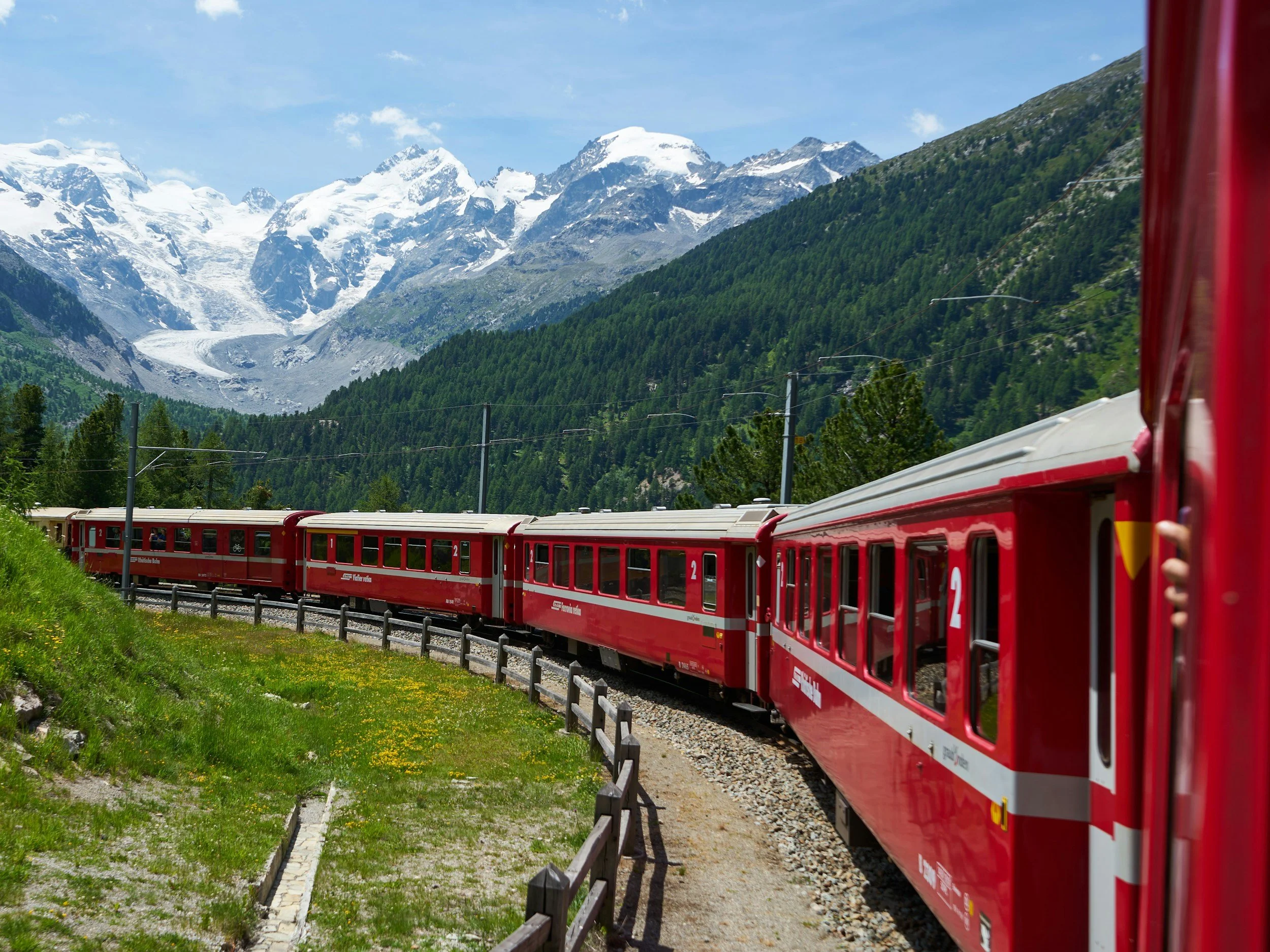 Red Swiss Train with Mountains