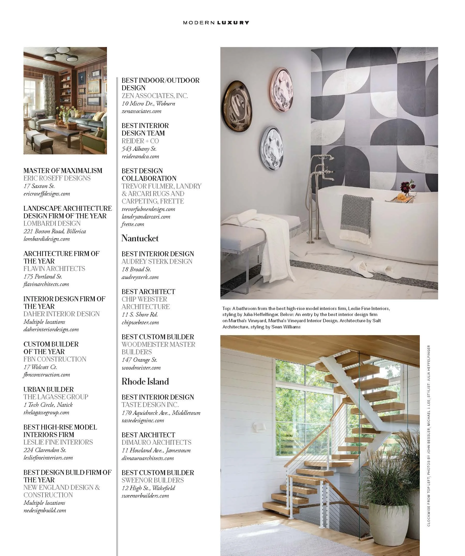 Modern Luxury Best of Design New England feature listing Reider + Co as Best Interior Design Team, highlighting the award in the 2026 issue.