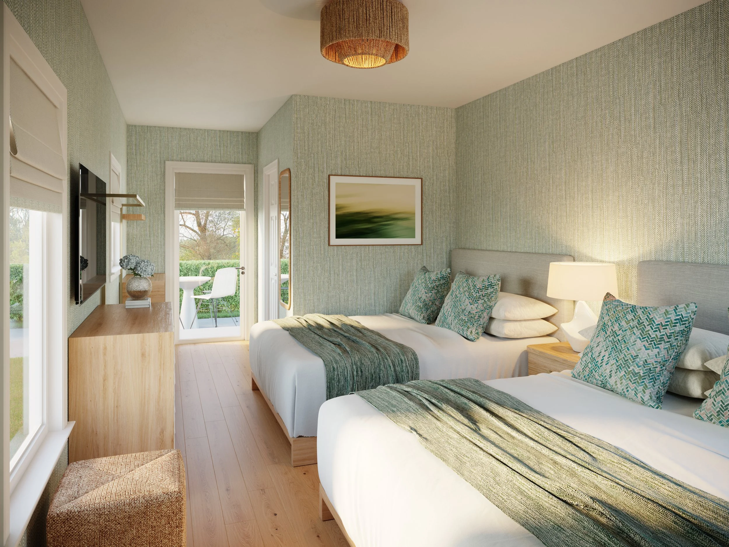 Bright boutique hotel guest room designed by Reider + Co featuring two queen beds, soft coastal textures, layered green accents, and private patio access on Cape Cod.