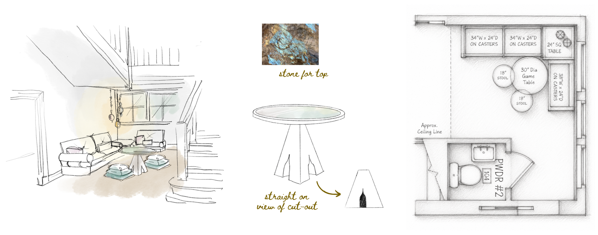 See behind the process of Reider + Co's custom, colorful, legacy home renovation in Cambridge, MA with sketches of the back foyer game table.