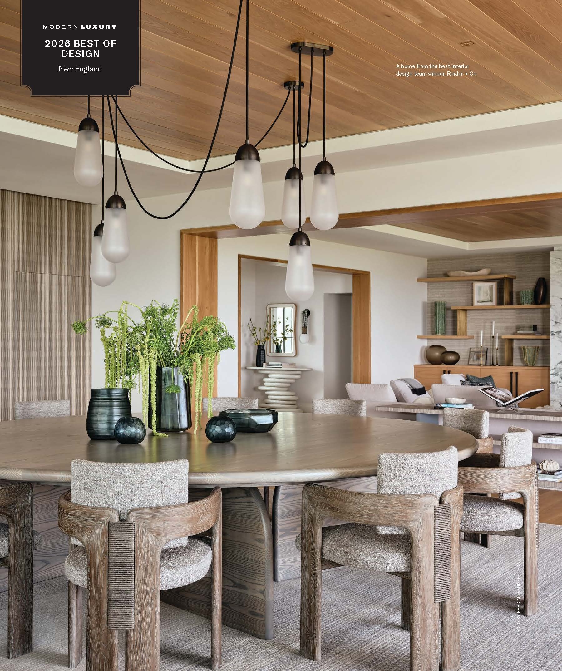 Reider + Co featured in Modern Luxury’s 2026 Best of Design New England as Best Interior Design Team, showcasing a warm, modern dining space.