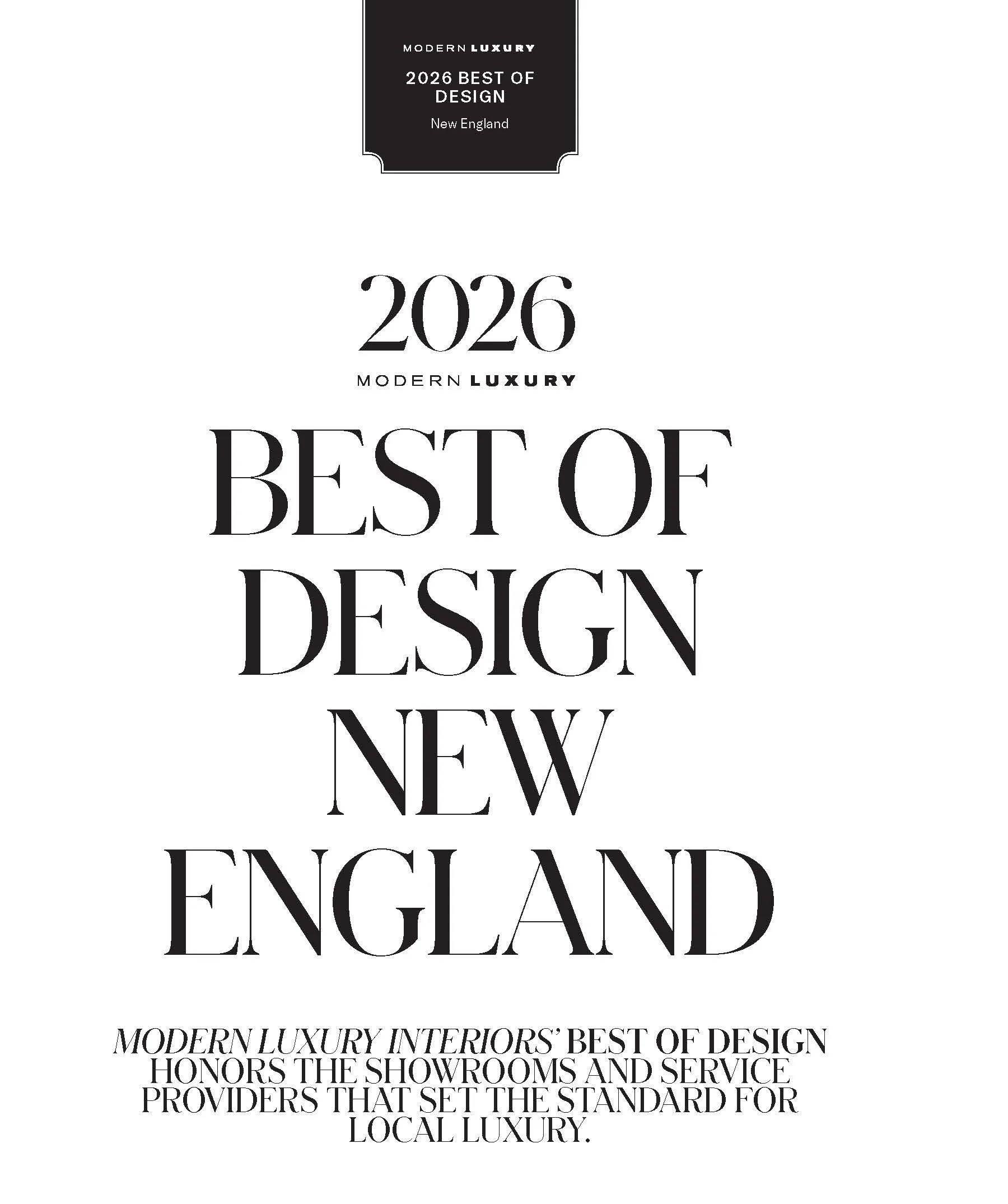 Modern Luxury Best of Design New England feature listing Reider + Co as Best Interior Design Team, highlighting the award in the 2026 issue.
