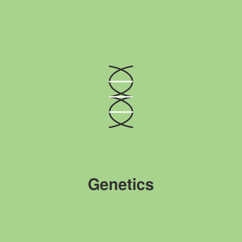 Illustration of a DNA double helix with the word 'Genetics' below, on a light green background.