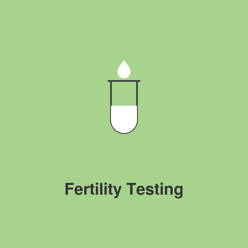 An illustration of a test tube with liquid and a drop falling into it, with the words "Fertility Testing" below, on a green background.