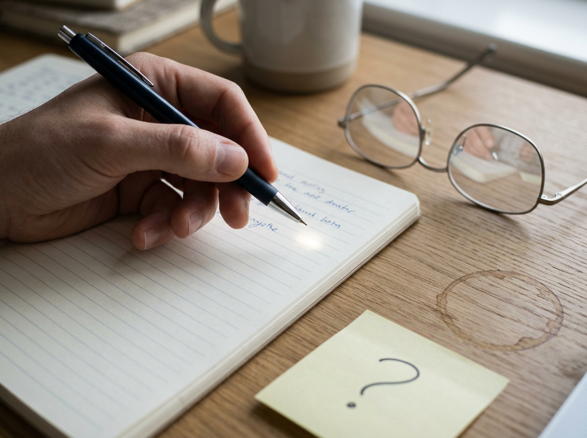 person holding a pen about to write a question to ask the artist