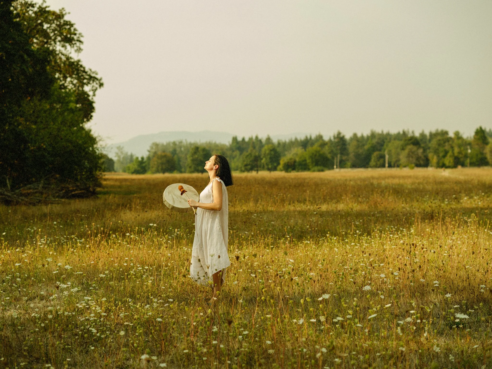 A woman in a white dress holding a parasol standing in a field of wildflowers with trees and mountains in the distance.