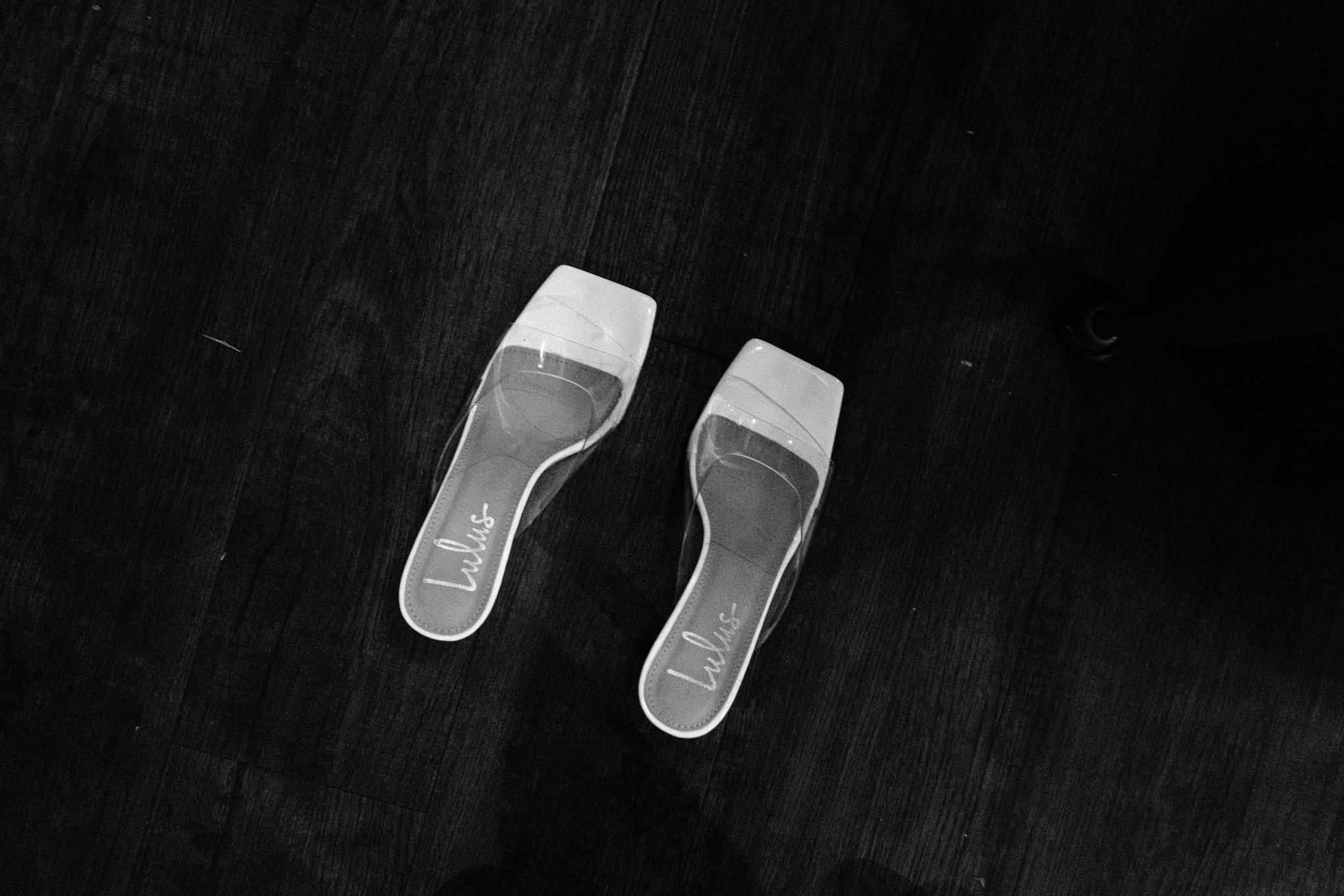 Two clear high-heeled shoes with the word 'Lulus' written inside, placed on a dark wooden floor.