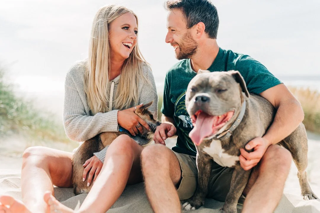 A smiling woman and man sitting on a beach with two dogs, one small and one large, sharing a joyful moment.
