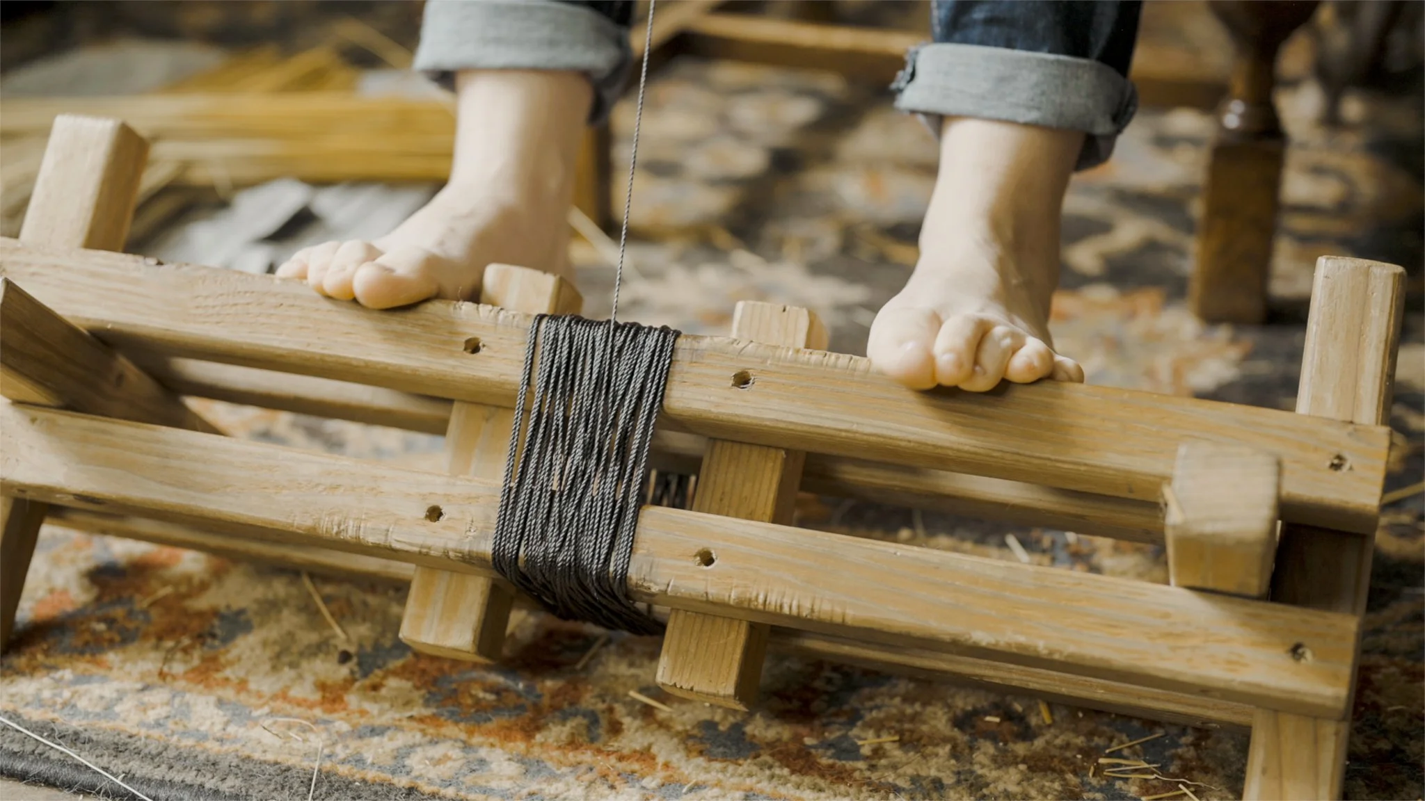 A person standing on a wooden snowshoe on a patterned rug indoors. The person's feet are bare, and they are wearing rolled-up jeans.