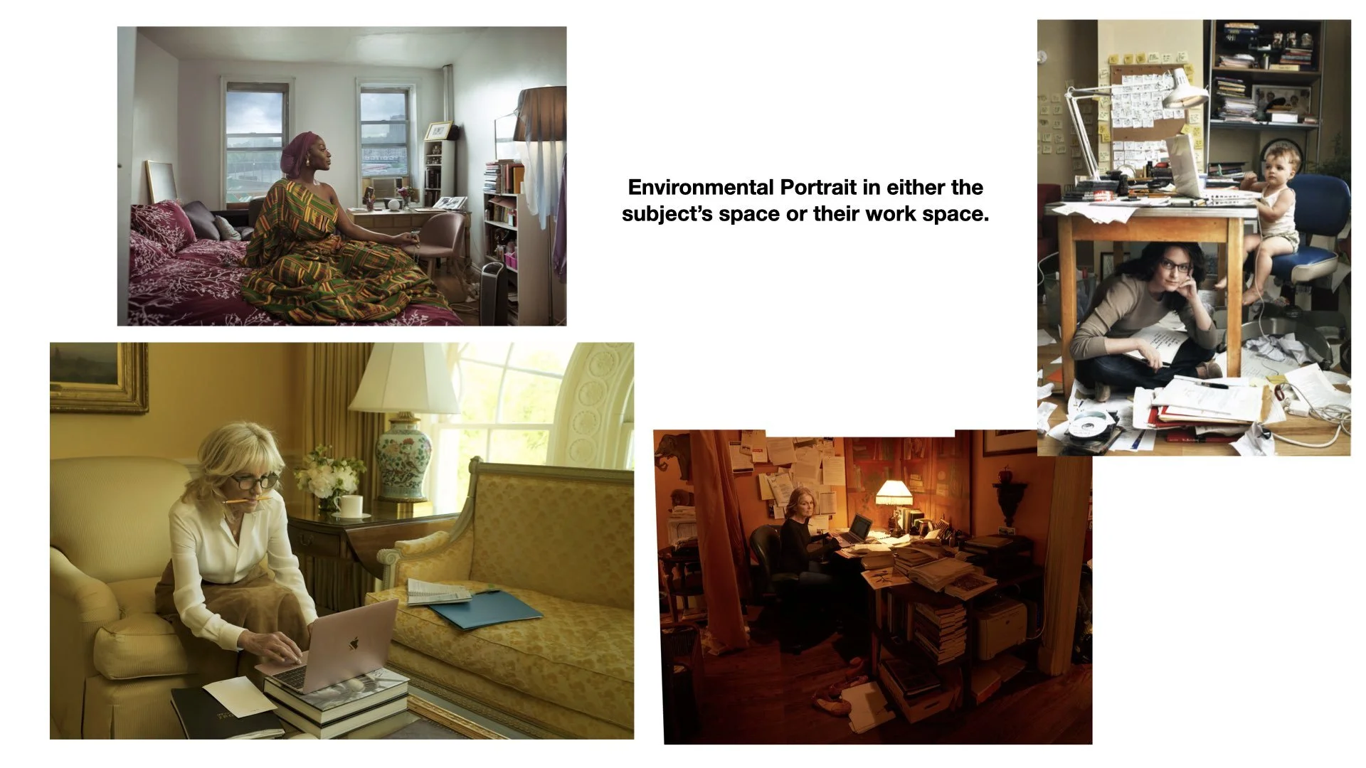 Collage of four environmental portraits: a woman meditating in her bedroom, a woman working at a desk in a cluttered home office, a woman working on a laptop on a sofa in a living room, and a woman working in a dimly lit home office surrounded by books and papers.