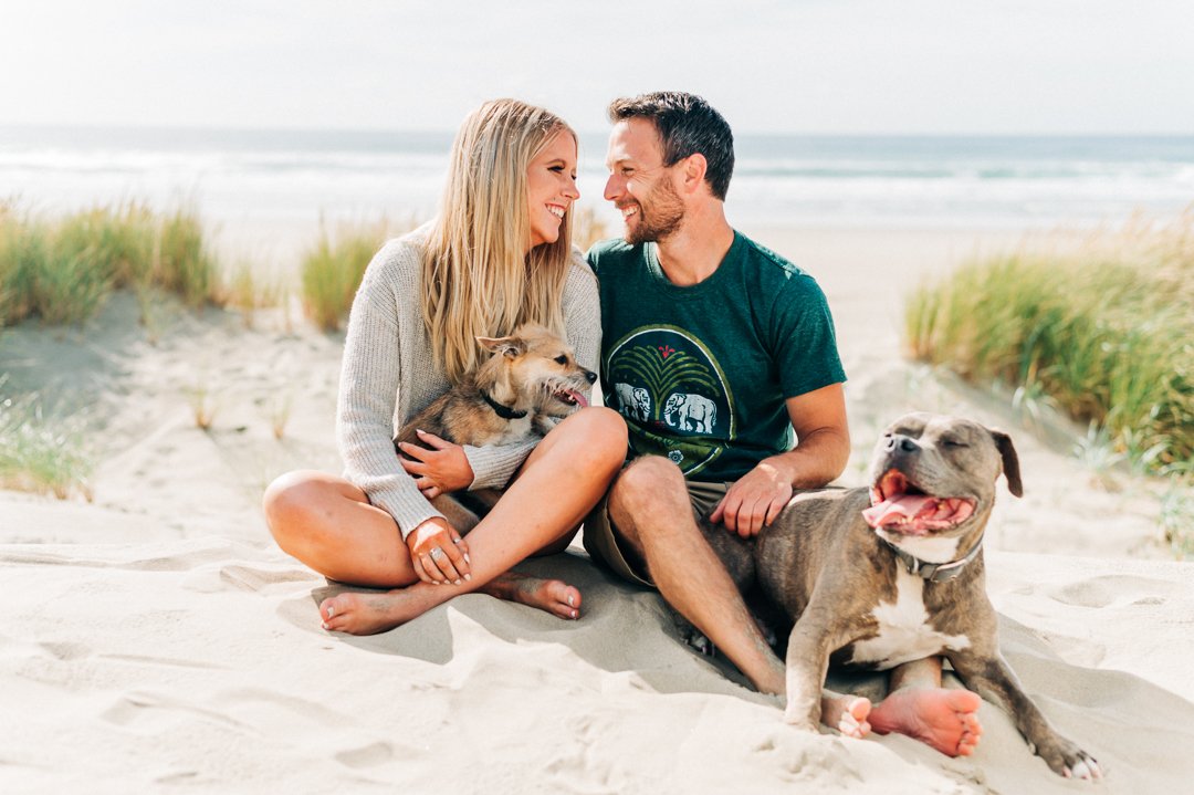 A smiling couple sitting on a sandy beach with two dogs, one small and one large, during daytime.