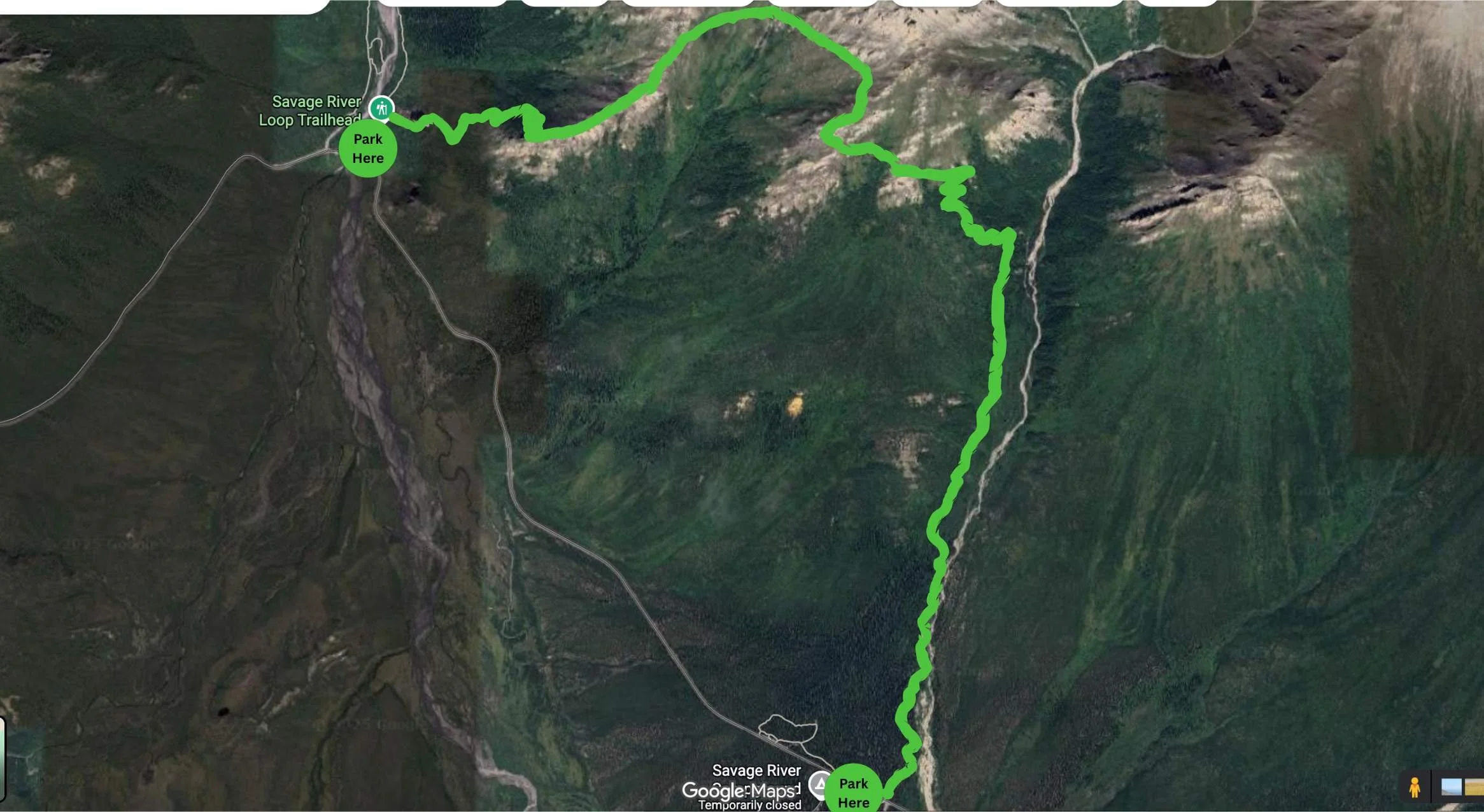 Map of the Savage Alpine Trail in Denali National Park, with trailheads and parking lots marked.