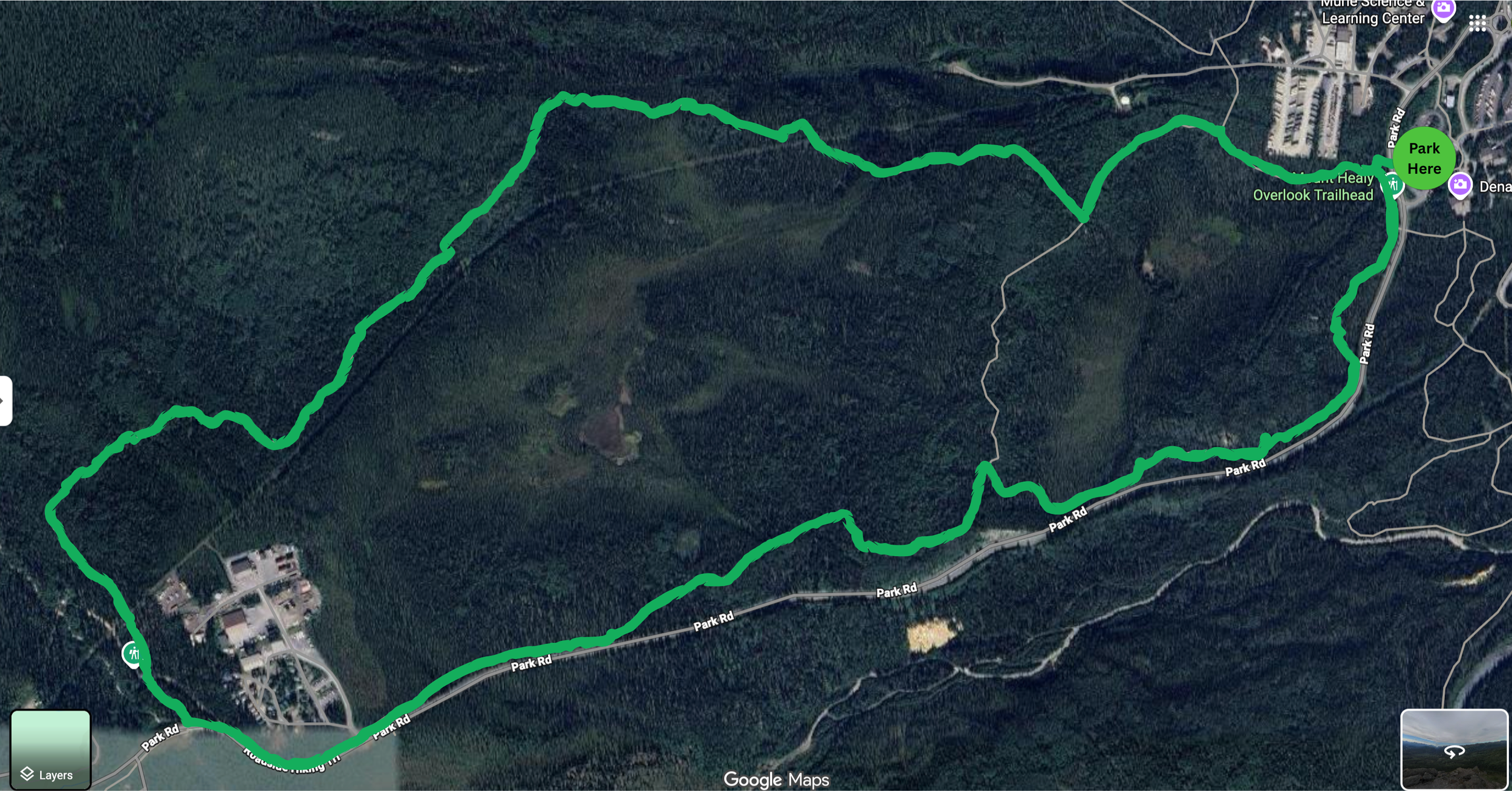 Map of the Rock Creek Trail in Denali National Park, with parking lots marked.