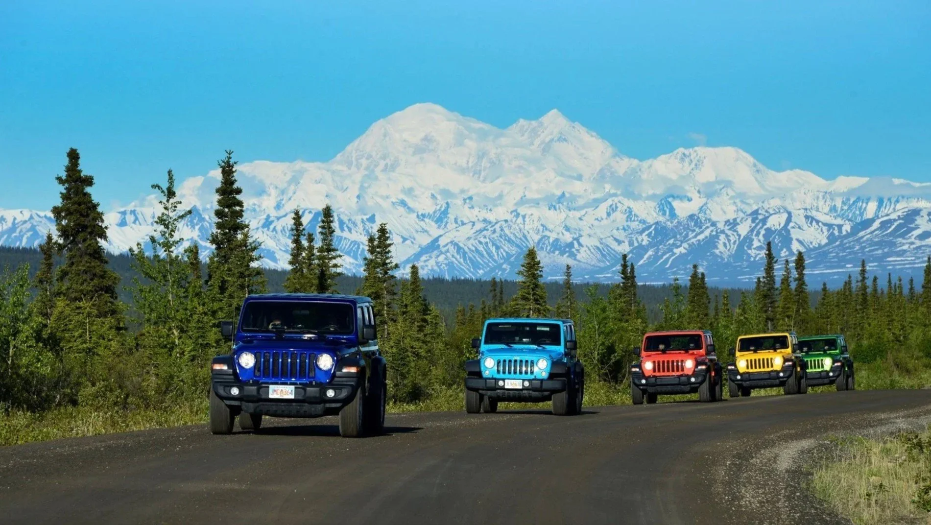 Five colorful Jeep vehicles in a line on a mountain road with snow-capped peaks and pine trees in the background.