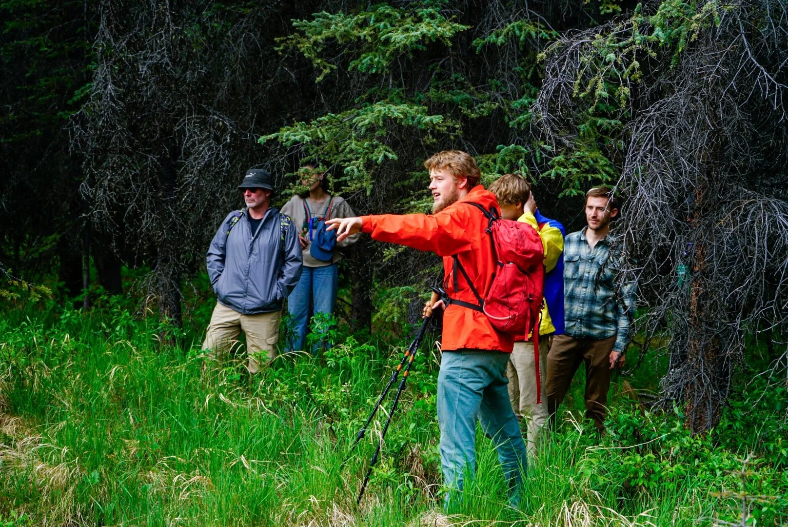 A group of five people hiking in a forest, with one person in a red jacket pointing and talking to the others, who are listening attentively.