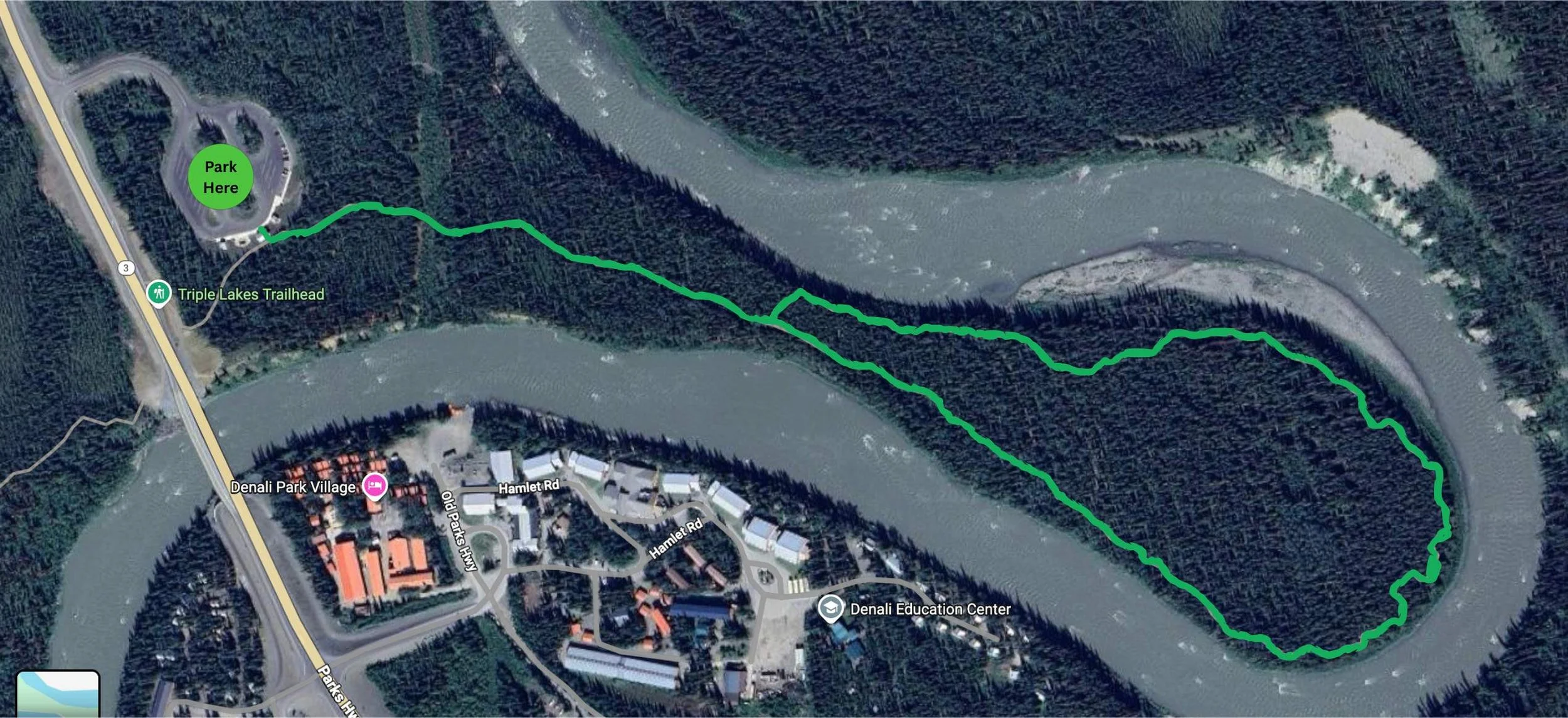 Map of the Oxbow Loop Trail in Denali National Park, with parking lots marked.