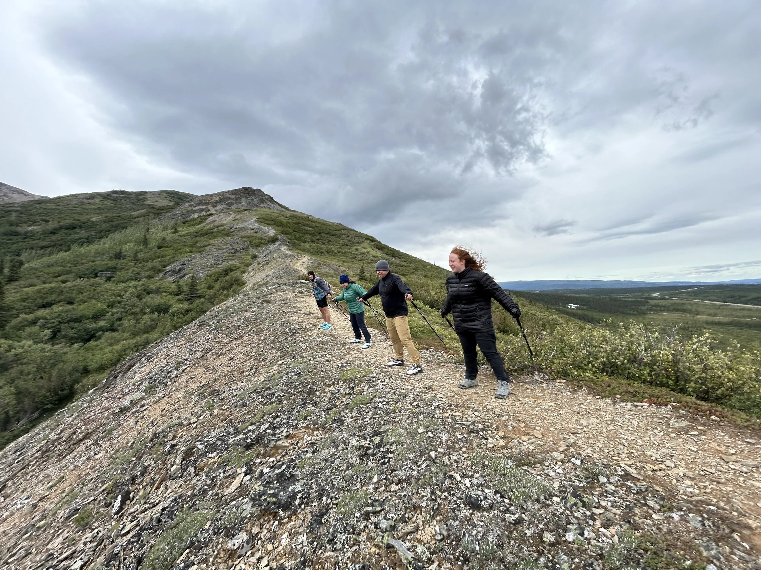 A group of people on a windy hike up Antler Ridge just outside of Denali National Park