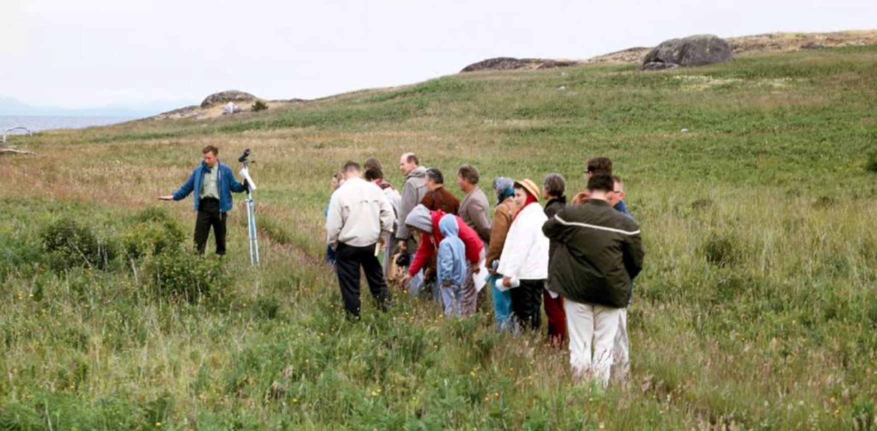 Ken Kennedy leading visitors on Mitlenatch Island. Photo by R. Wayne Campbell, 11 June 1967.