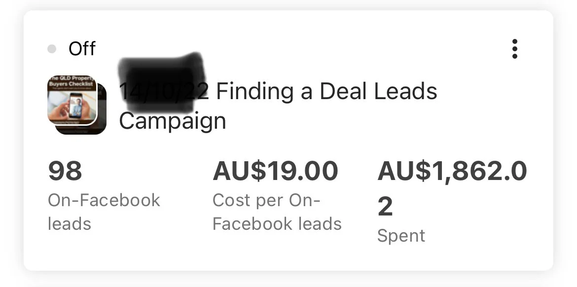 Screenshot of a Facebook ad campaign performance summary showing 98 on-Facebook leads, AU$19.00 cost per lead, and AU$1,862.02 spent. The campaign is titled "Finding a Deal Leads Campaign" and is currently off.