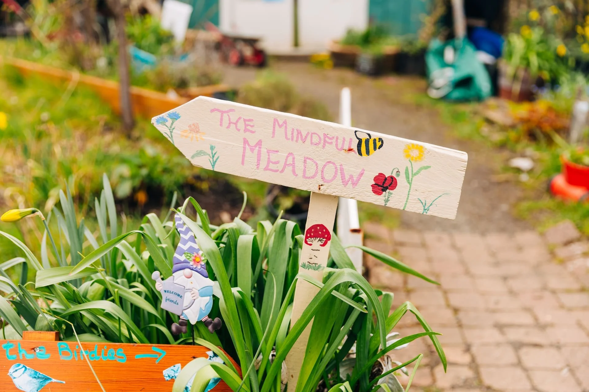 A garden with a painted wooden sign reading 'The Mindful Meadow' featuring drawings of flowers and a bee. There is also a fairy garden gnome and a sign pointing to 'the Birdies' with an arrow, in a lush green setting with various plants and garden it