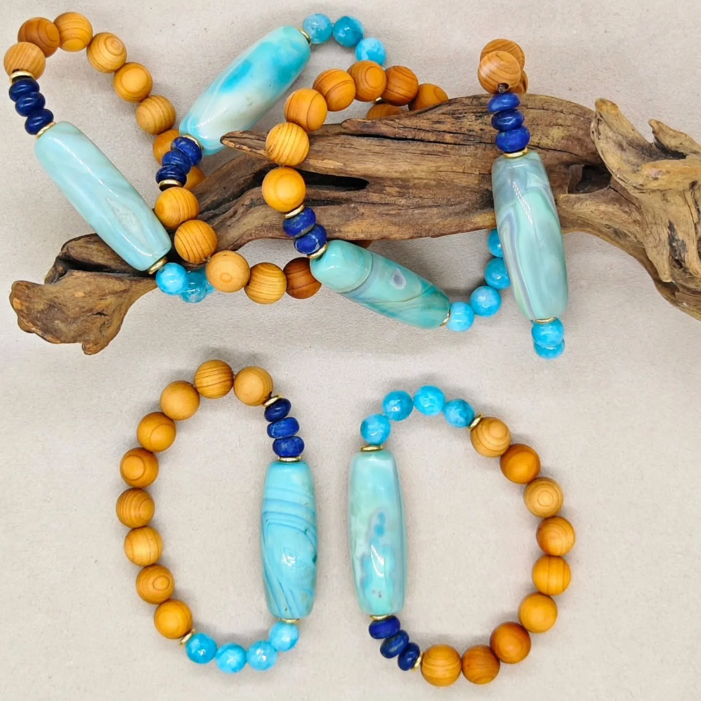*New
Agate-Lapis-Lazuli-Chalcedony- blue tones are everything! 
.
.
.
#CrystalBracelet #StoneStack #GemstoneJewelry  #GoodVibesOnly #CrystalLover
