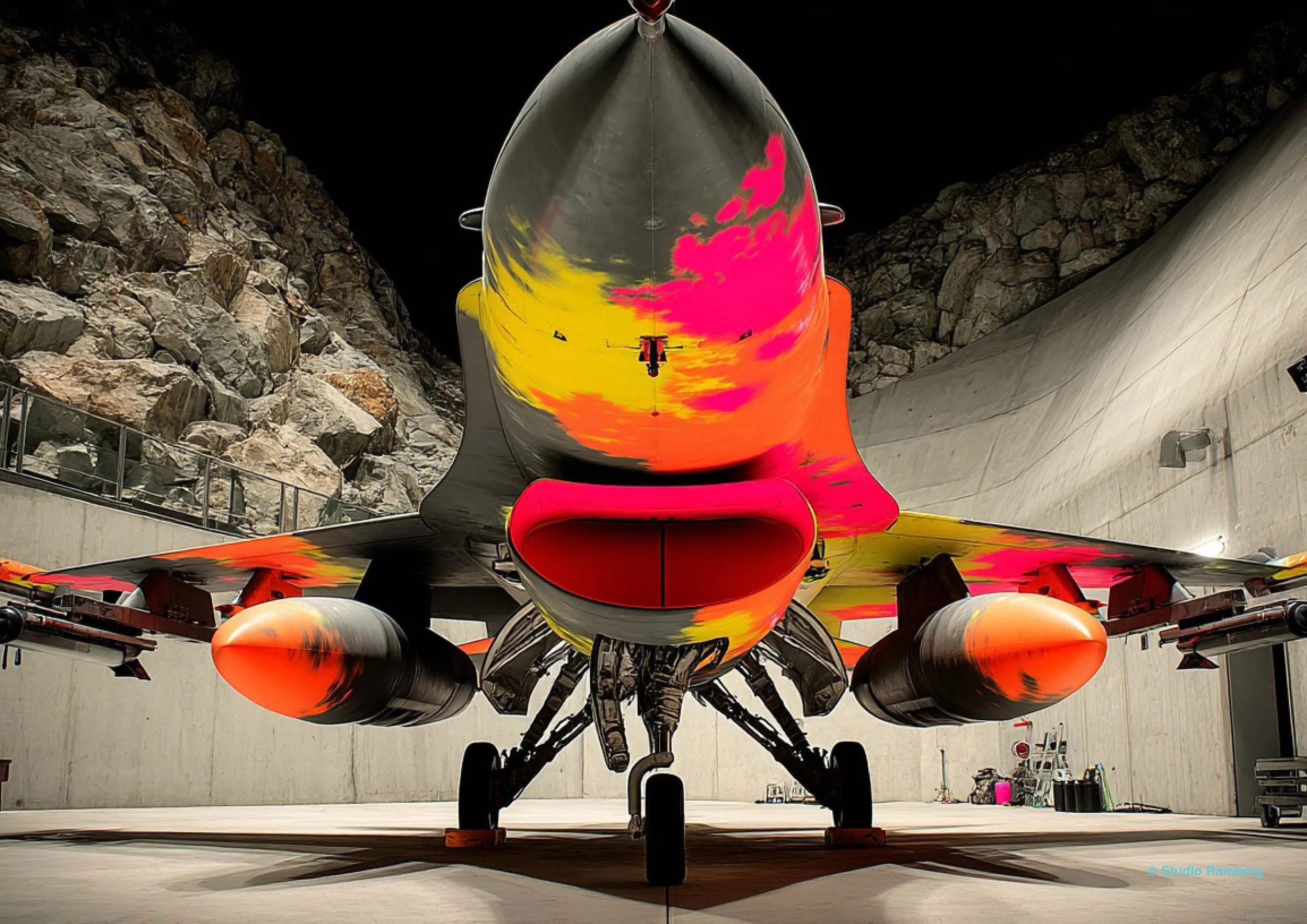 Fotmontasje av et fargerikt jagerfly i en fjellhangar i Bodø.