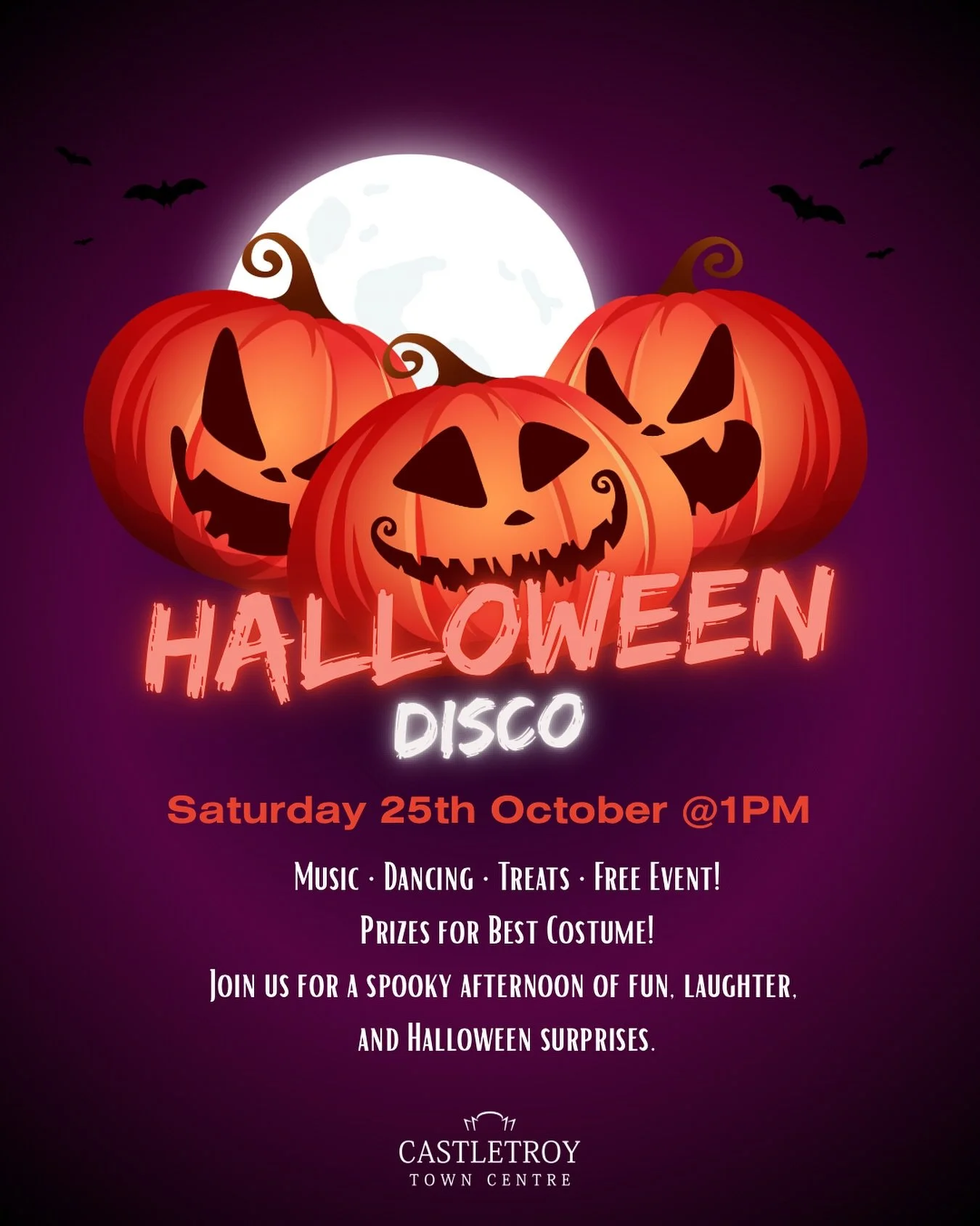 Get your costumes ready! 👻🎃
Join us for a spooky afternoon of music, dancing and Halloween fun! 
Prizes for the best costume, so dress to impress 😉
#castletroytowncentre #halloween #familyfun #spookyseason🎃