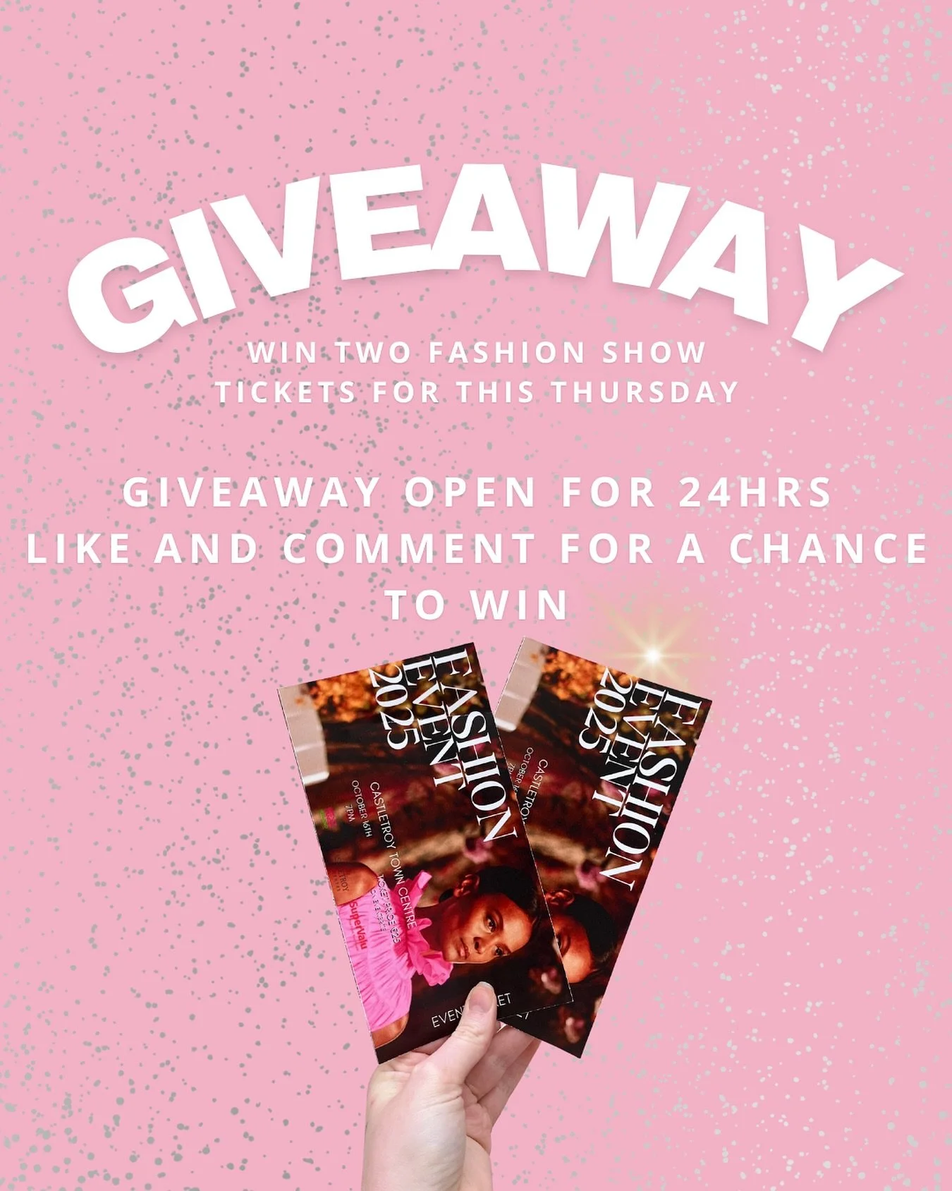 💖 Fashion Show Ticket Giveaway 💖
We’re giving you the chance to win 2 tickets to our Fashion Show this Thursday in aid of Breast Cancer Awareness 🎀
To enter:
1️⃣ Like this Post
2️⃣ Tag a friend 
3️⃣ Share to stories
Hurry - giveaway close