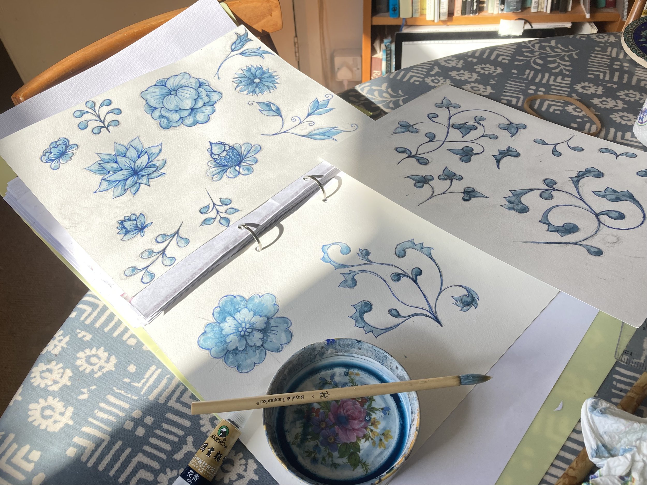 Indigo, blue and white painted motifs to be scanned into illustrator