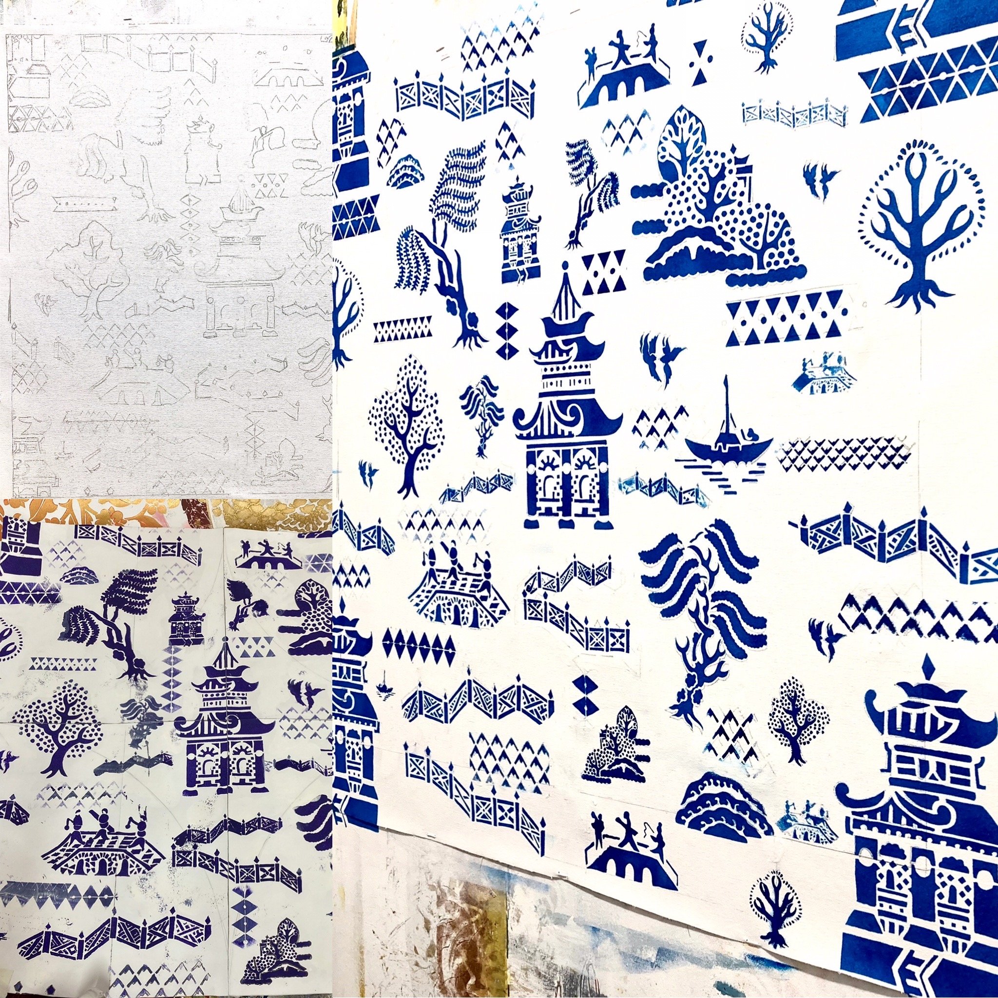 Repeating square inspired by Willow pattern