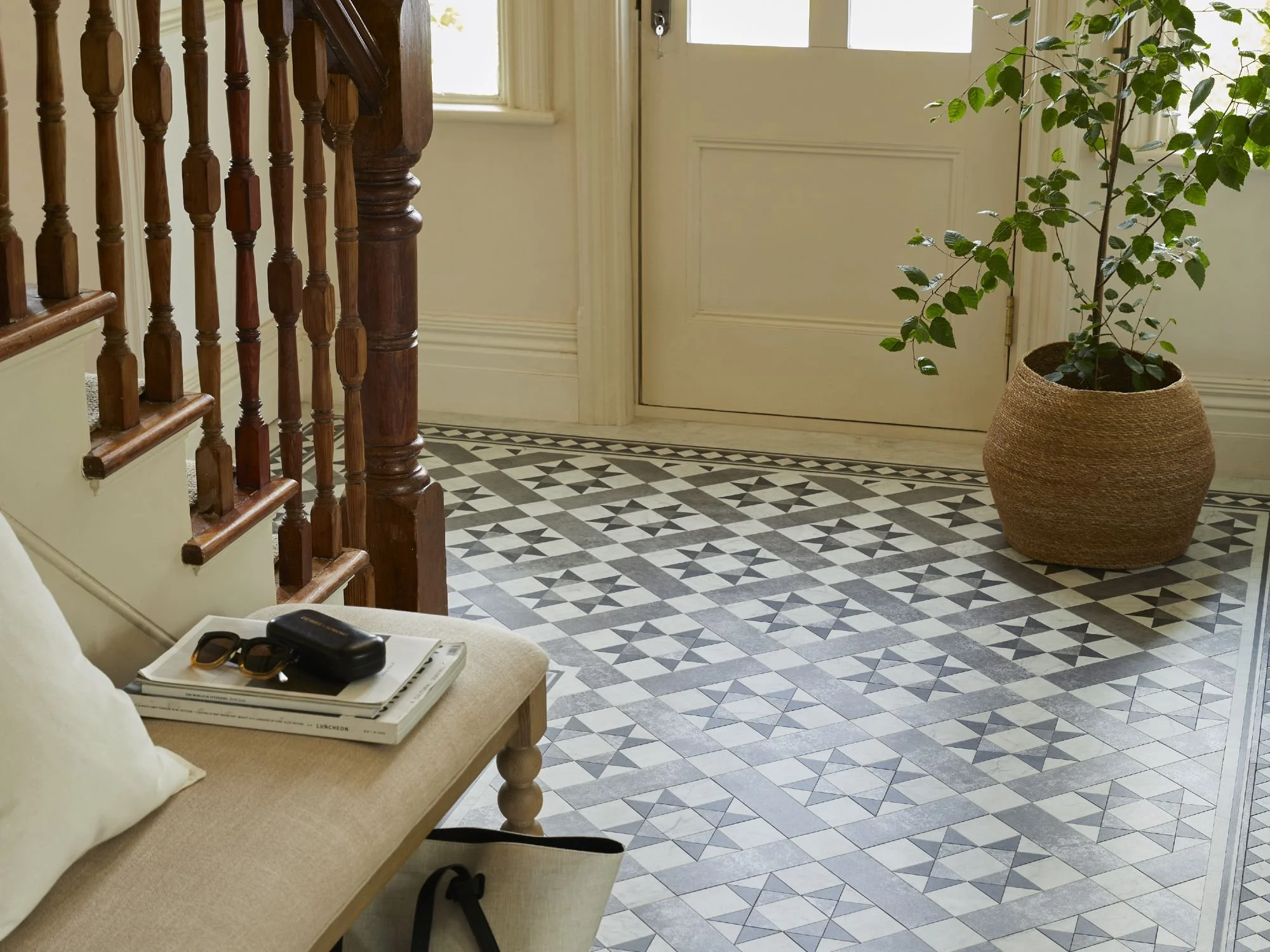 Rustic wood table with dishes on tiled flooring