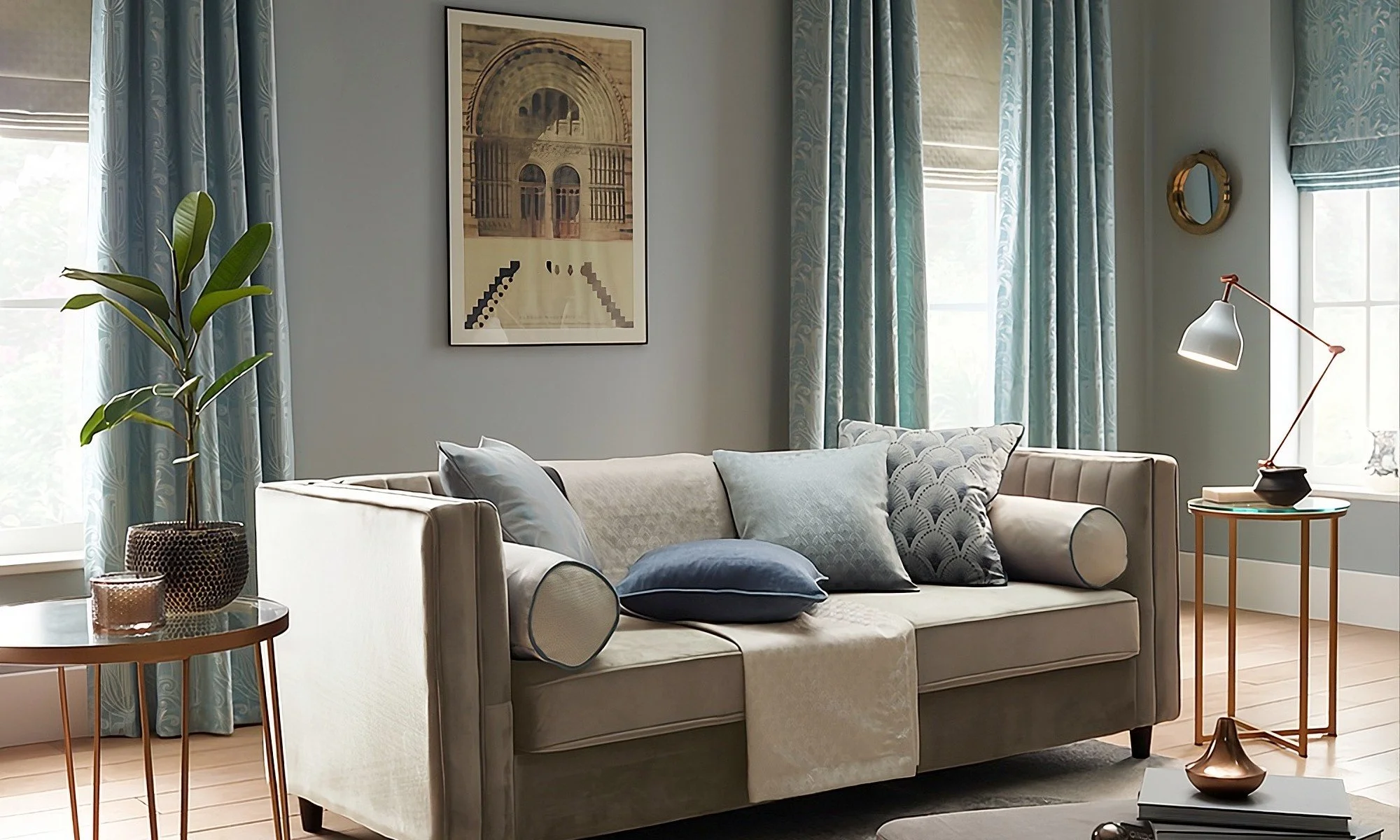 long blue curtains in the living room