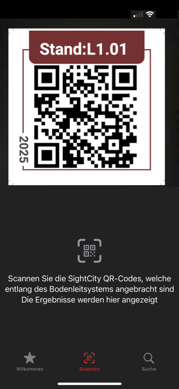 Screenshot der App SightCity im Dunkel-Modus mit der Funktion einen QR-Code zu scannen