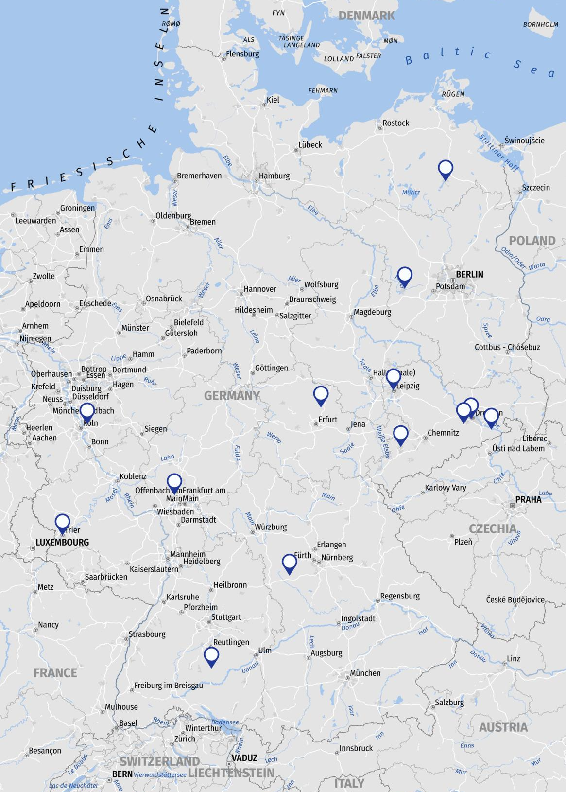 Kartenansicht von Deutschland mit den blindFind Standorten