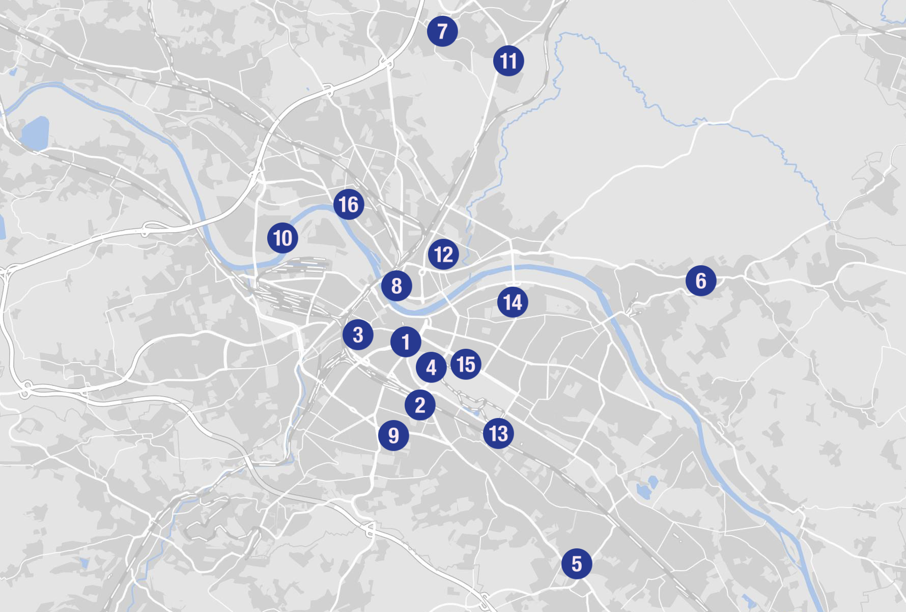 Stadtkarte Dresden mit markierten Standorten von blindFind