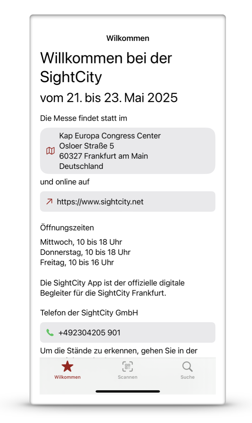 Screenshot der App SightCity im Hell-Modus auf der Willkommensseite