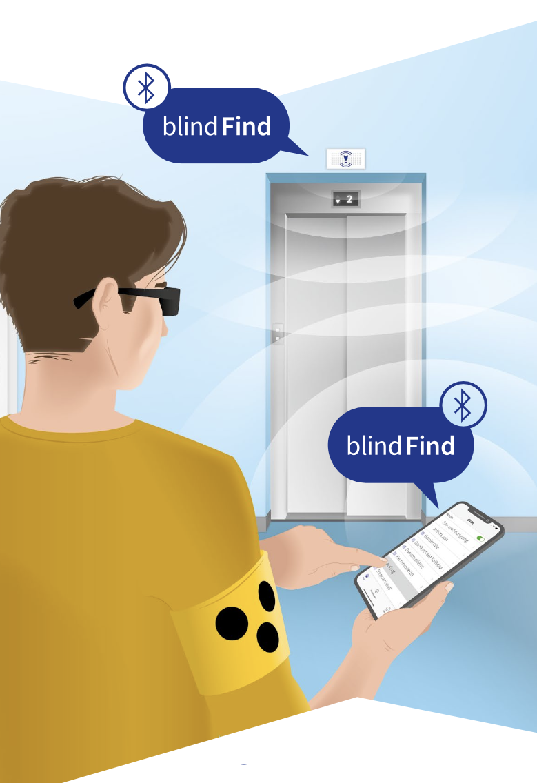 Eine Person mit Seheinschränkung navigiert sich mit Hilfe von blindFind