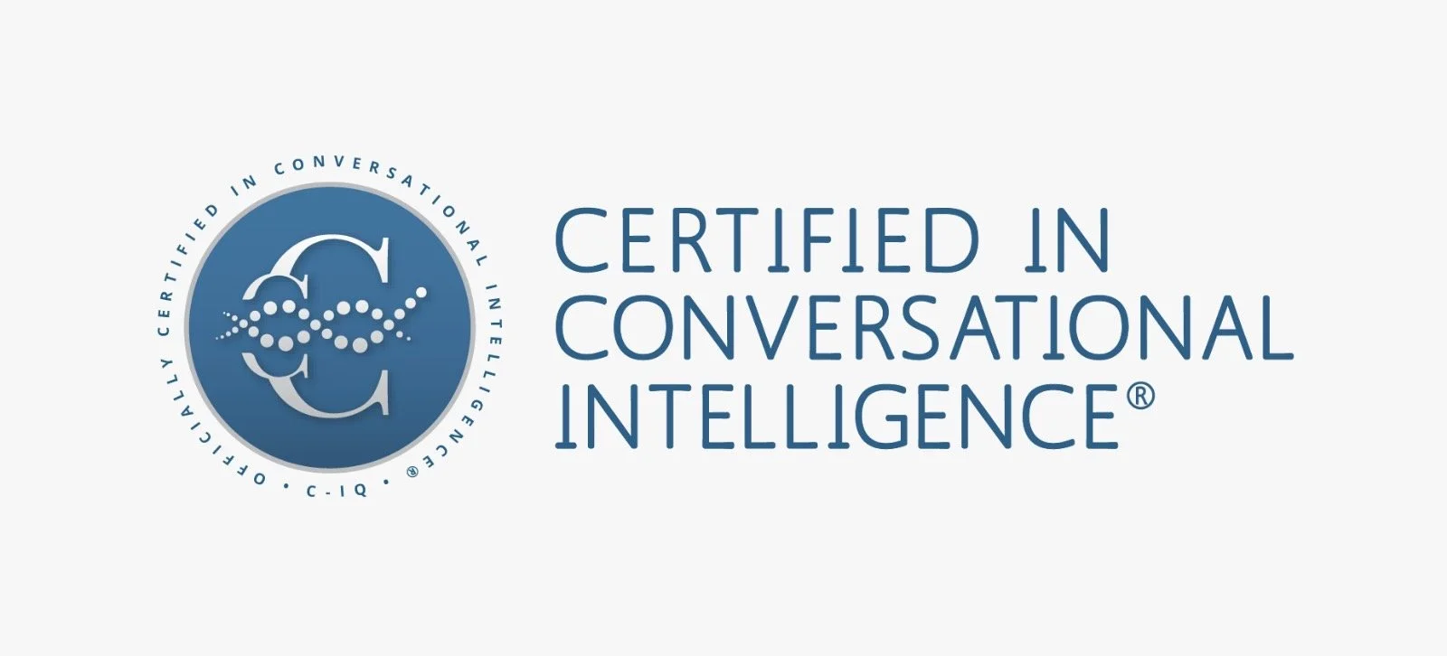 Logo with a blue circular emblem containing a stylized letter C and a dotted waveform, with the text 'Certified in Conversational Intelligence' beside it.
