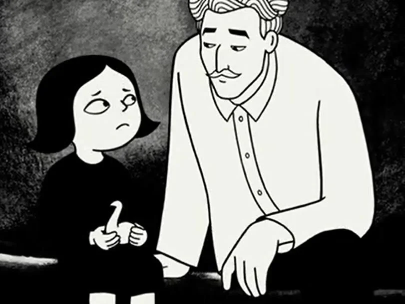 Persépolis Marjane Satrapi Une fille et un homme assis, échangeant un regard, dessinés en noir et blanc avec un style graphique