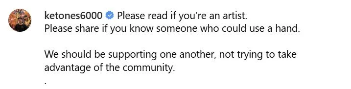 an Instagram post from an artist offering to support other artists for free.