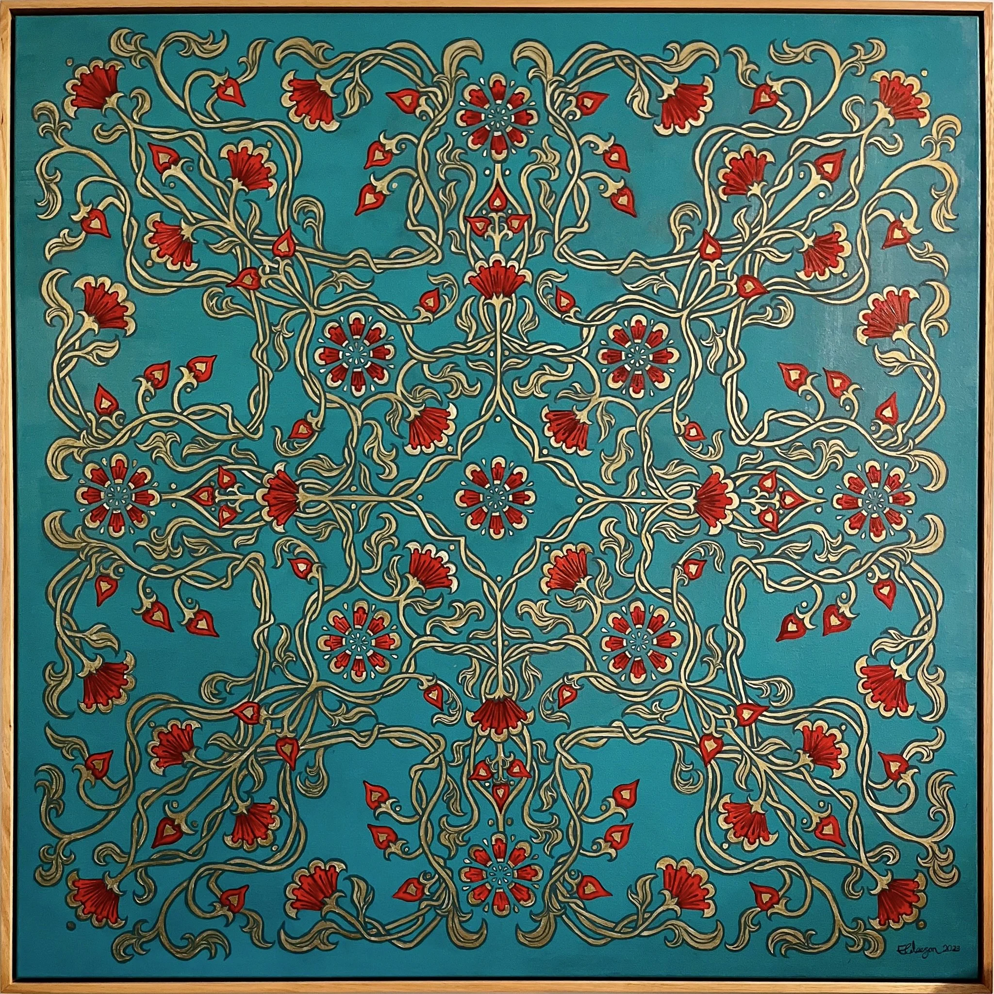 Canvas artwork painted by Elizabeth Gleeson, Entitled ‘Promise’ - 2022. Turquoise background with red and metallic gold patterns