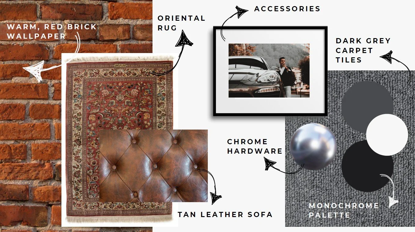 an image of lots of colours, patterns and textures. A moodboard of the interiors for the project.