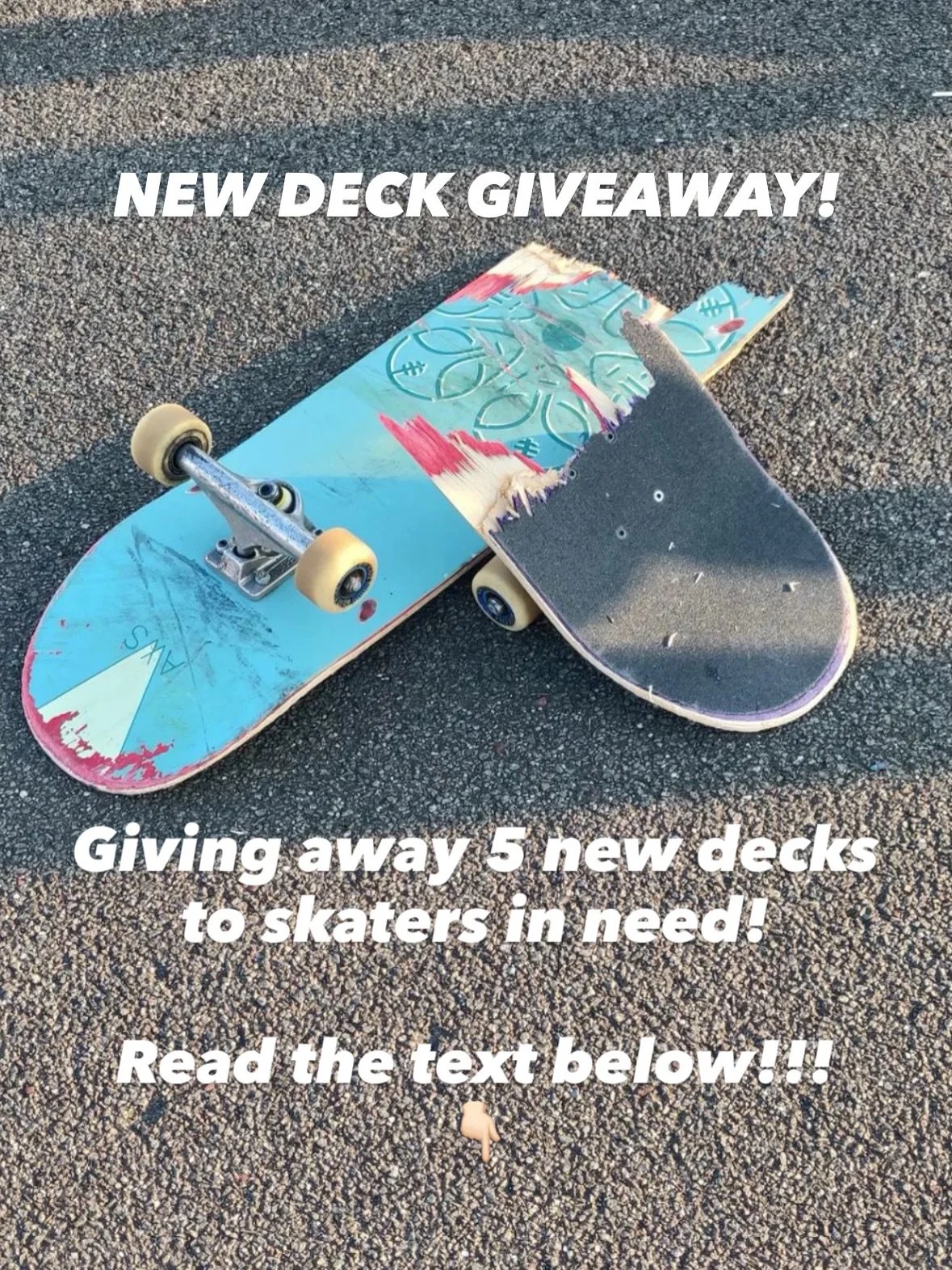 Giveaway time 🛹❤️

Is your deck thrashed, chipped or snapped in half? Don&rsquo;t stress - we&rsquo;ll get you back on board.

I&rsquo;m giving away 5 new decks for free via @laminafi in Helsinki to local skaters (anyone who can physically visit the