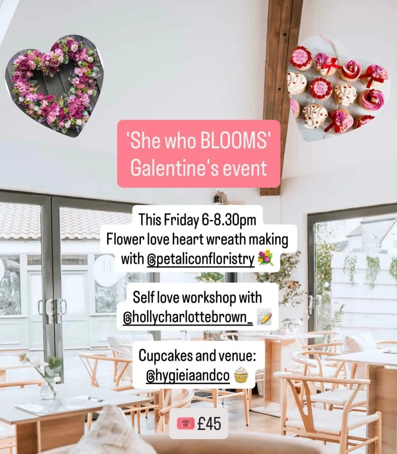 GALENTINE'S WORKSHOP!💕

THIS FRIDAY 😱😍

Last chance to get booked in (booking closes tomorrow at 12pm) ‼️

Venue &amp; cupcakes: @hygieiaandco 🧁
Flower love heart wreath making with @petaliconfloristry 💐
Self love workshop with @hollycharlottebr