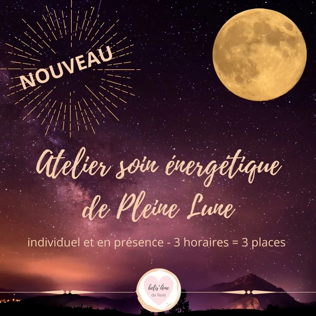 Bonsoir &agrave; vous belles &acirc;mes, 

Petite annonce de Soin &eacute;nerg&eacute;tique de Pleine Lune, qui aura lieu VENDREDI 5 MAI.
3 horaires sont propos&eacute;s donc 3 places disponibles. 
Ce type d'atelier "Soin &eacute;nerg&eacute;tiq