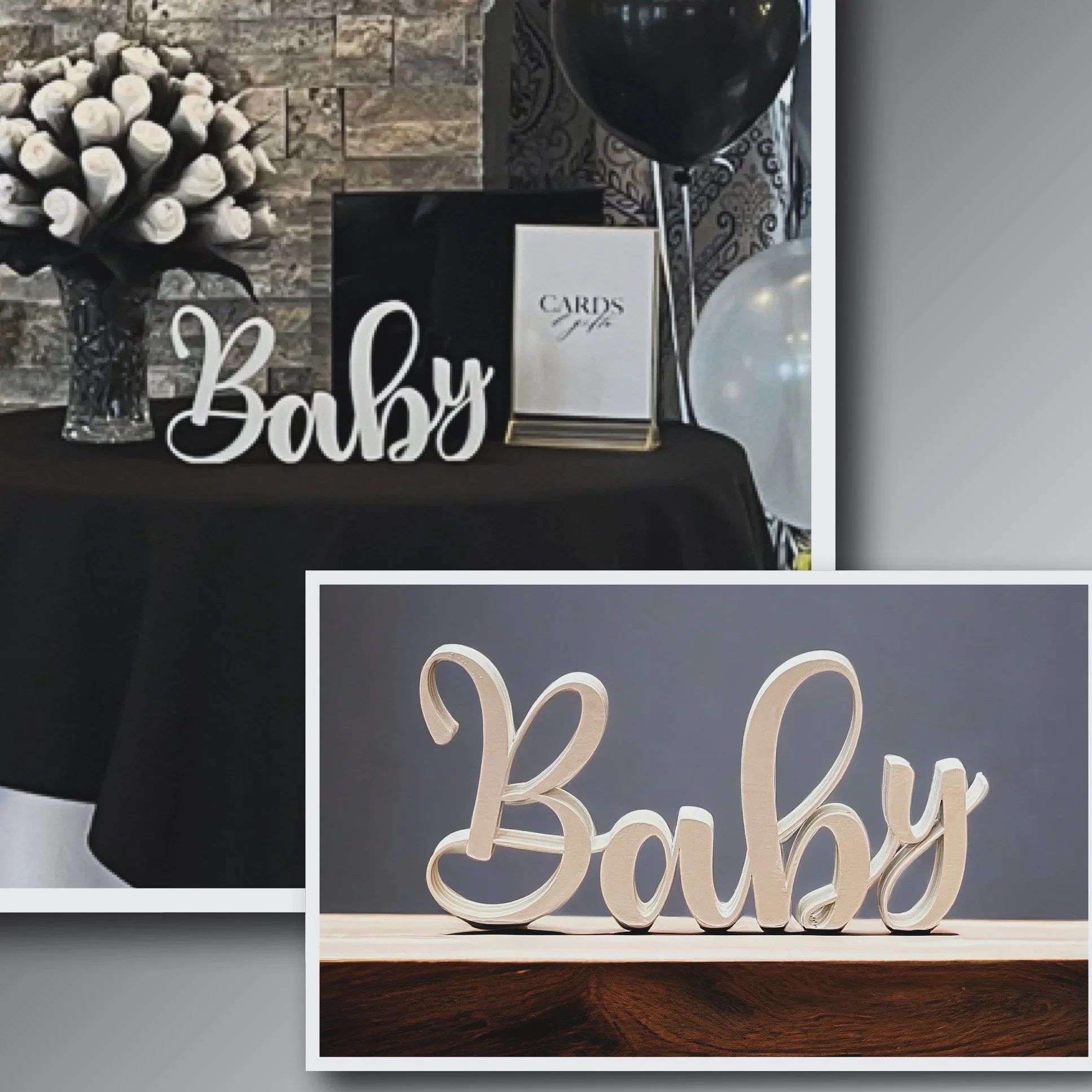"Baby" centerpiece made of wood and painted white