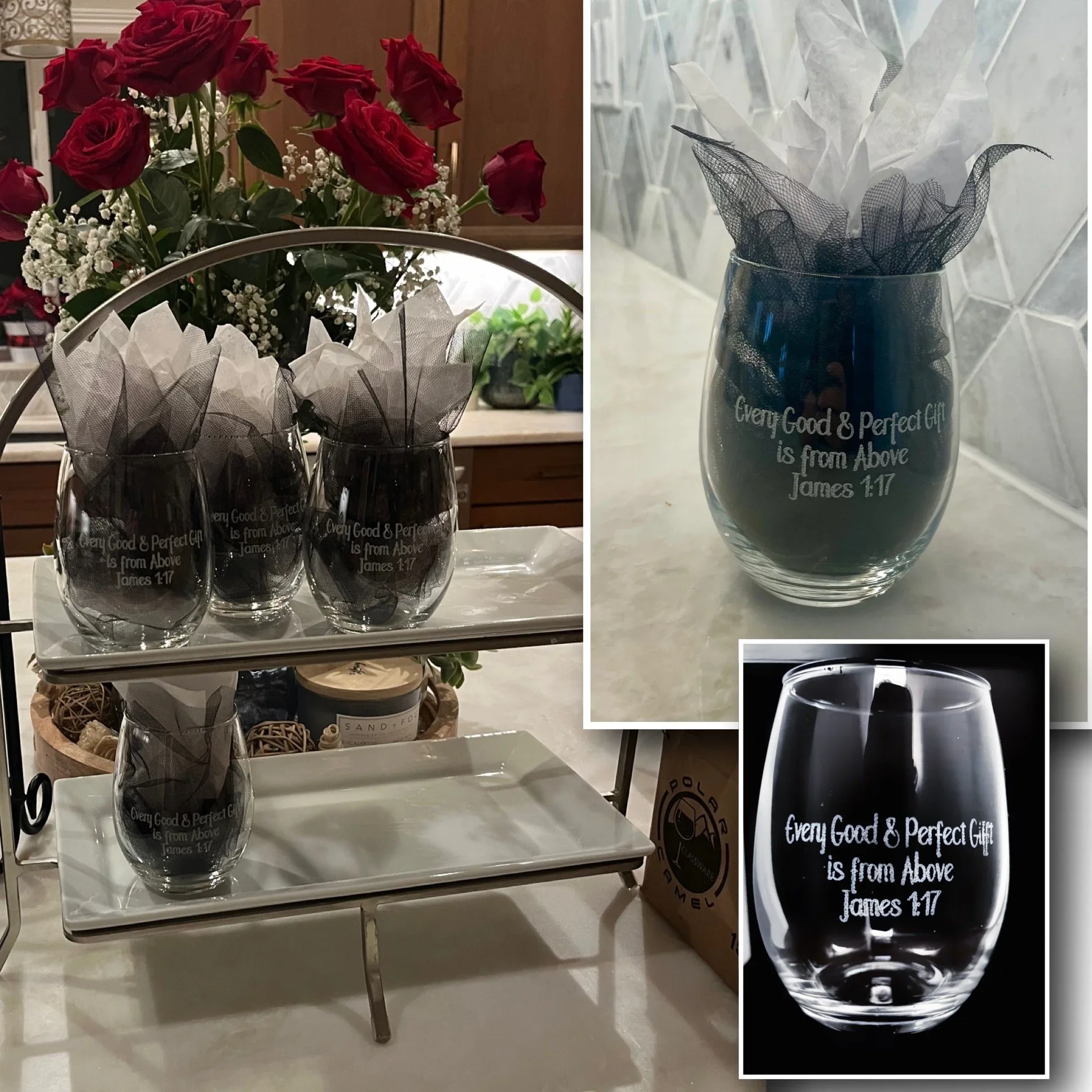 Multiple images of custom engraved stemless wine glasses